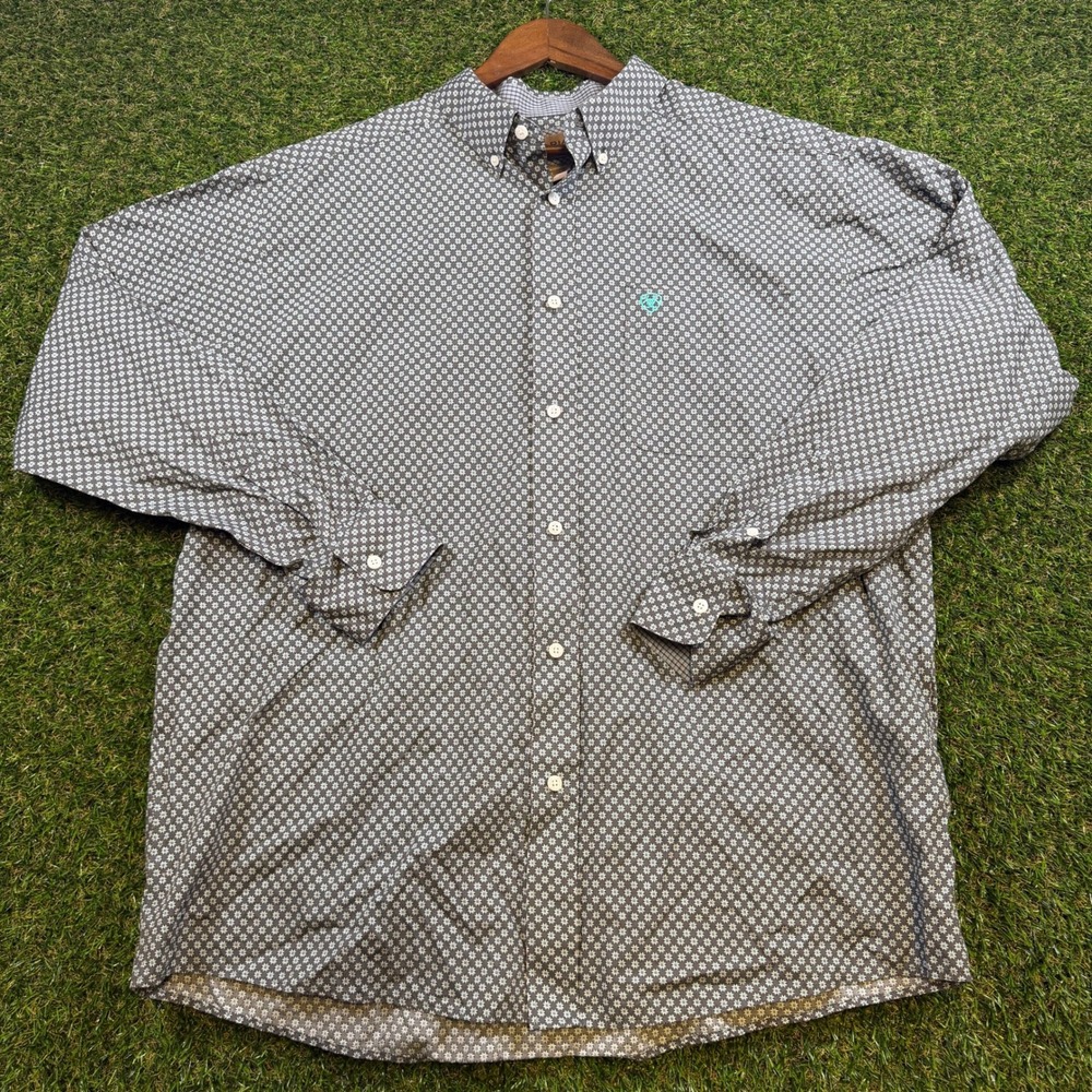 Ariat Mens XL Wrinkle Free Long Sleeve Button Down Shirt Grey Teal Geometric